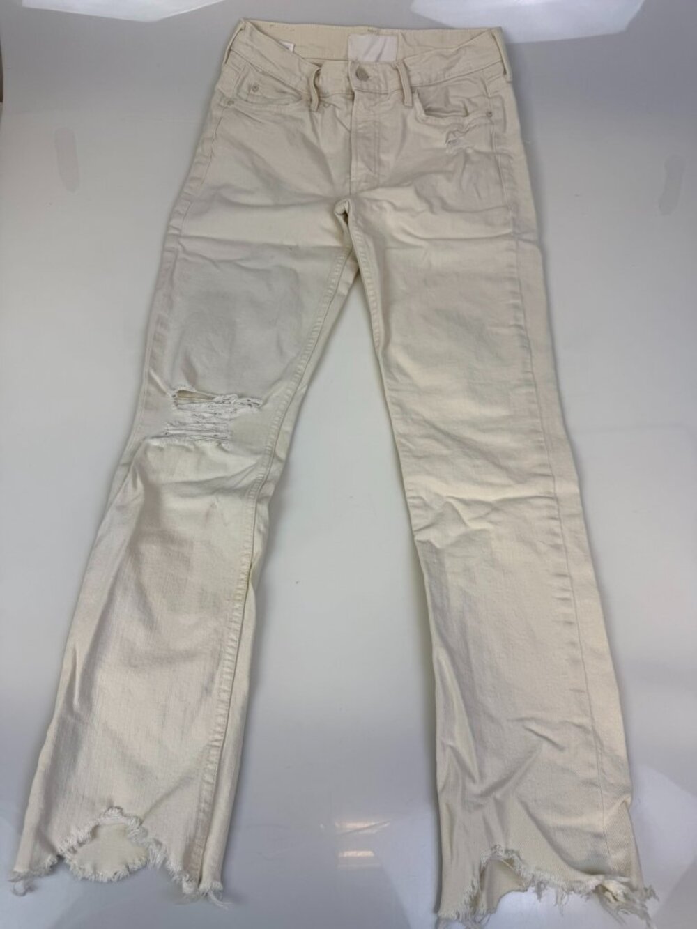 MOTHER Superior White "The Flirt Chew" Distressed Straight-Leg Jeans J1-15